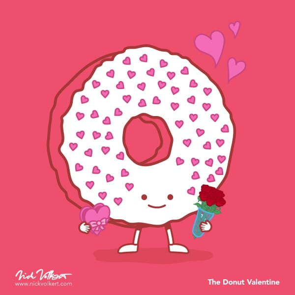 An iced donut holding flowers and covered in hearts.