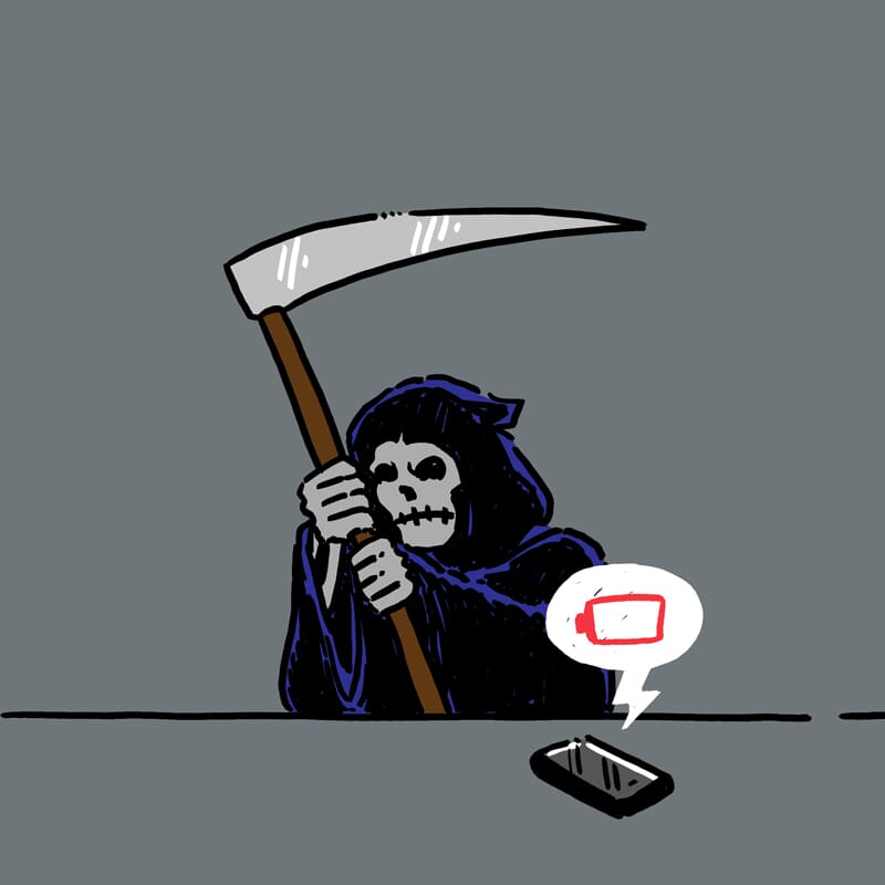 The grim reaper bides his time waiting for a phone battery to finally die.
