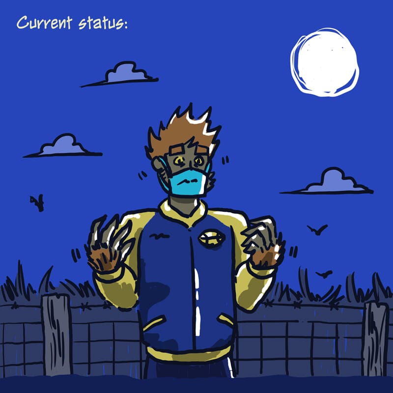 A werewolf howls at the moon while wearing a mask.
