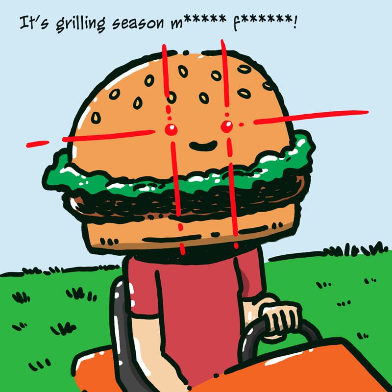 A man with a burger head mows his lawn.