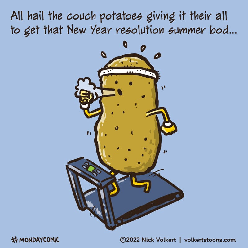 A potato with a head band runs on a treadmill as a part of their New Year Resolution.