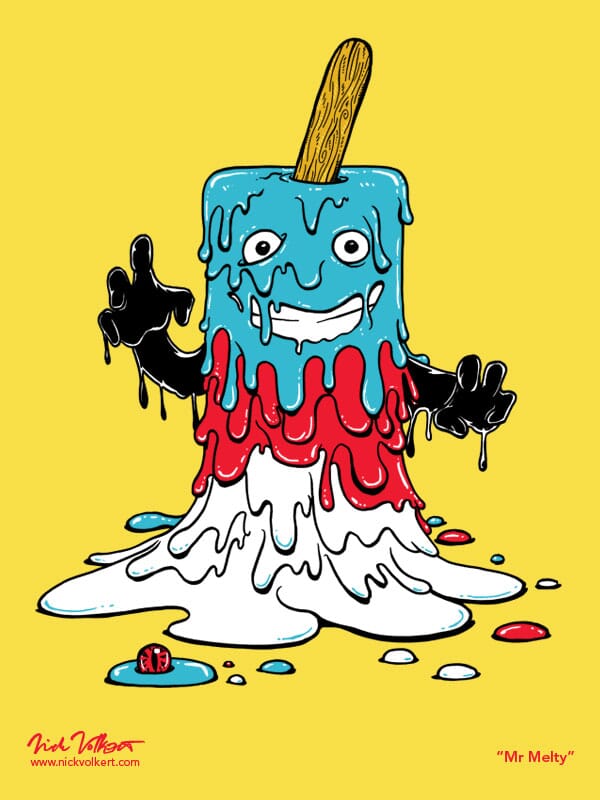 A three color popsicle monster with arms and a face meleting in front of the viewer.