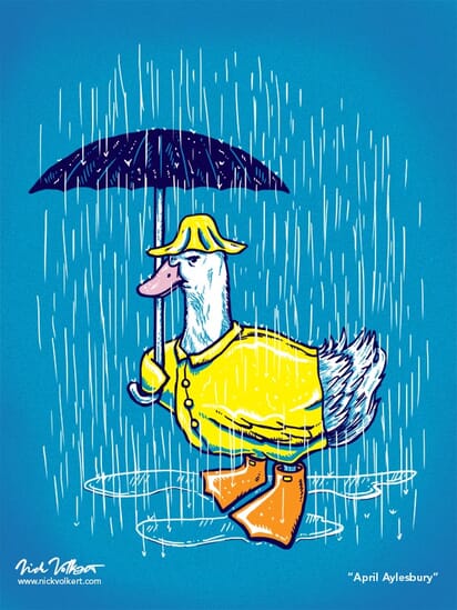 An annoyed duck dressed in a raincoat and umbrellas avoiding the rain.