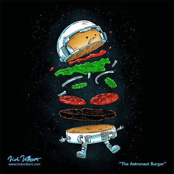 The Astronaut Burger | Nick Volkert aka nickv47 An astronaut burger is falling apart in outerspace.