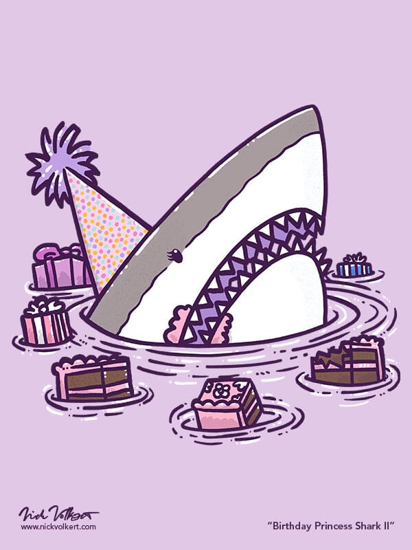A lady shark is surrounded by presents and birthday cake.