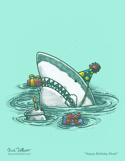 A shark popping out of the water with a cake and presents, frosting on its face.