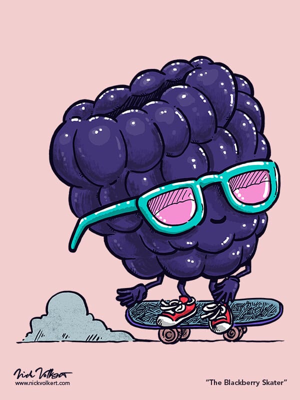 A black berry with sunglasses skates on a skateboard.