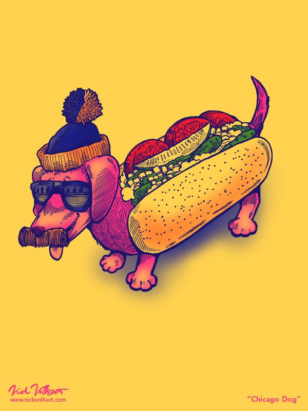 A wiener dog with cool Blues Brothers sunglasses, a chicago themed stocking cap, a mustache, and a suit that looks like a chicago-style hot dog.