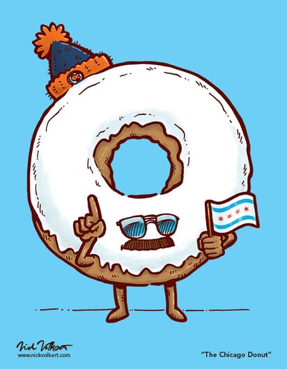 A donut with aviator sunglasses, a mustache and a Chicago city flag.