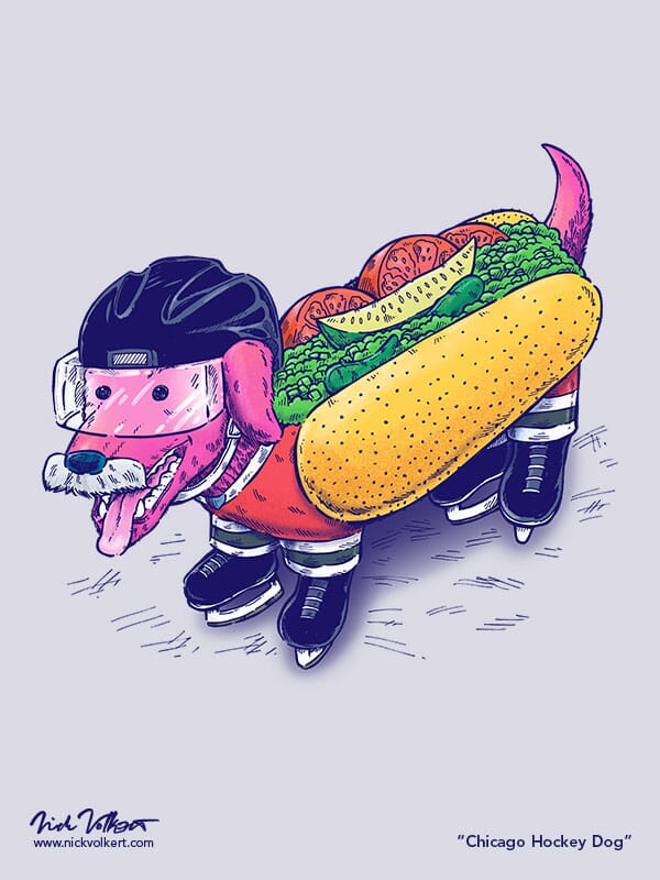 A wiener dog with hockey gear on that is in Chicago colors, with a gray mustache and also a bun with chicago-style hot dog toppings.