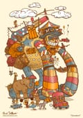 A large robot surrounded by circus performers, clouds, balloons, animals, and clowns