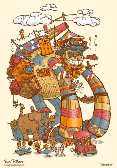 A large robot surrounded by circus performers, clouds, balloons, animals, and clowns