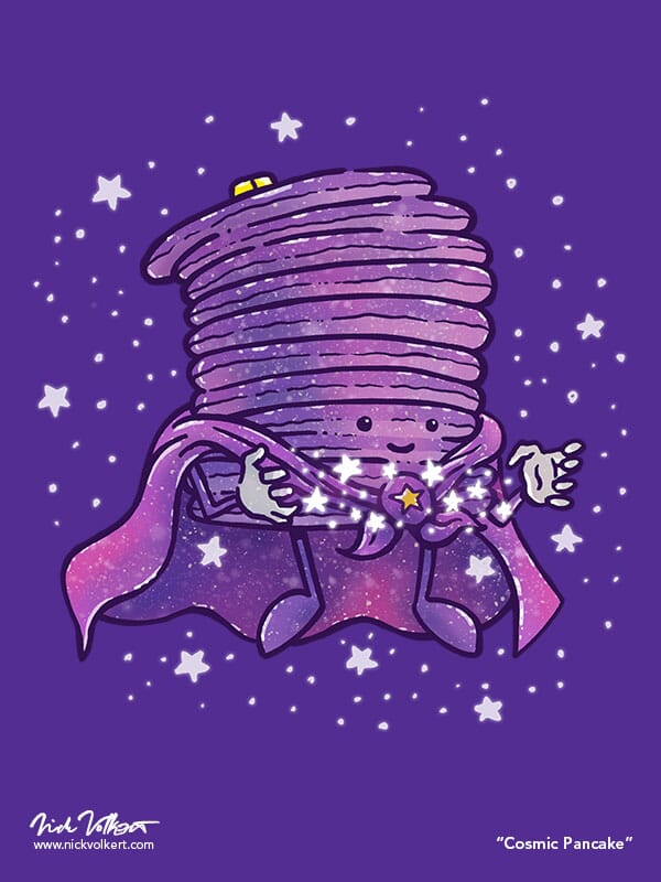 Captain Pancake is floating in space while surrounded by stars and created by a starry pancake batter