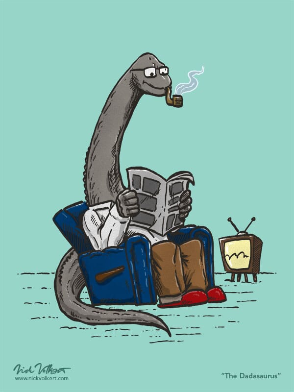 A bronchosaurus dad just louncing in his chair, reading the prehistoric paper.