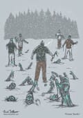 An underdressed man walking through a field of frozen zombies during a snowstorm.
