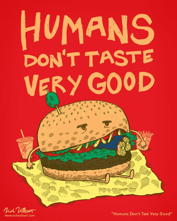 A burger reverses roles and eats a human instead.