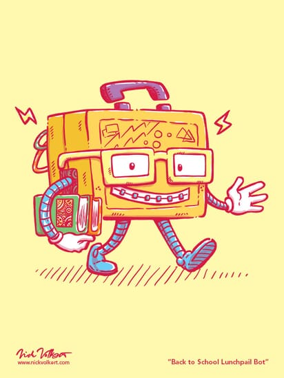 A small smiling lunch box, with glasses and braces, walks to class.