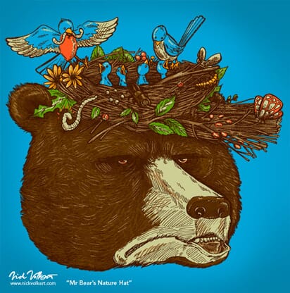 An annoyed grizzly bear deals with springtime birds making him a hat that serves as their nest.