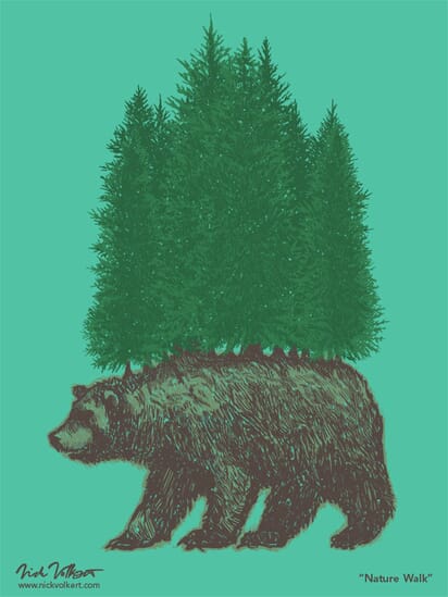 A grizzly bear with a pine foreset on its back walking.