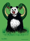 A panda sitting in grass with arms that are angry snakes.