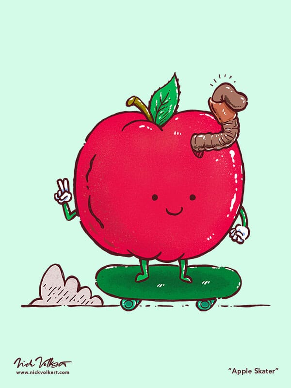 A skateboarding apple has a little worm friend along for the ride, popping out of his head.