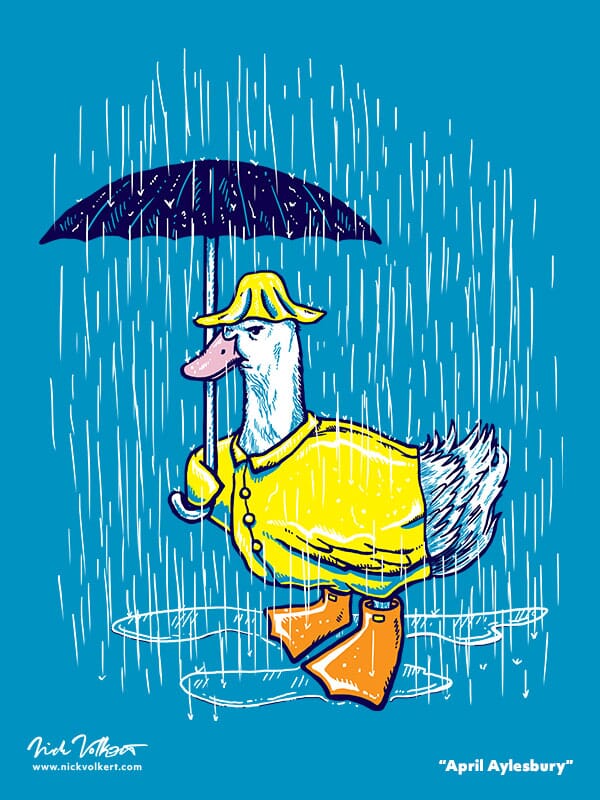 An annoyed duck dressed in a raincoat and umbrellas avoiding the rain.