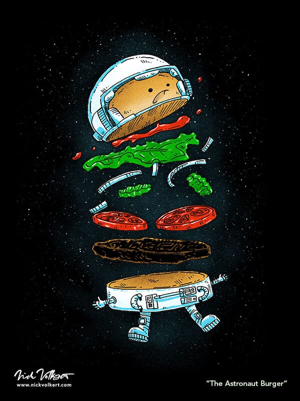 An astronaut burger is falling apart in outerspace.