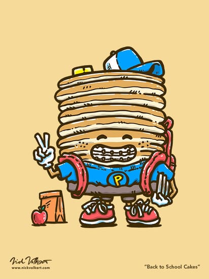 Captain Pancake smiles at the viewer as a younger version of himself, with braces a book bag and holding his books with his lunch on the ground at his side.