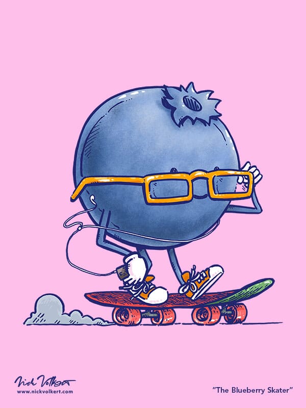 A blueberry is on a skateboard skating by, while its headphones wires whip in the wind.
