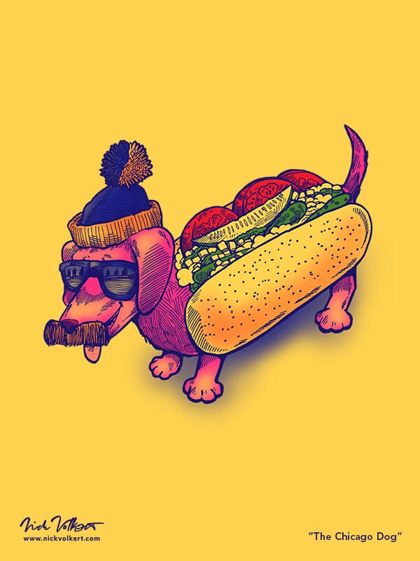 A wiener dog with cool Blues Brothers sunglasses, a chicago themed stocking cap, a mustache, and a suit that looks like a chicago-style hot dog.