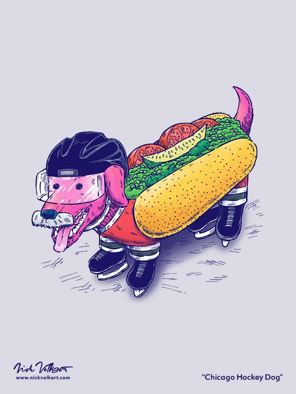 A wiener dog with hockey gear on that is in Chicago colors, with a gray mustache and also a bun with chicago-style hot dog toppings.