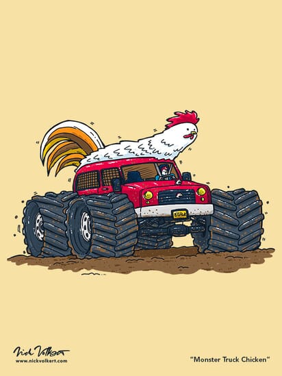 A chicken is at the wheel of a monster truck with a chicken mascot on the hood.