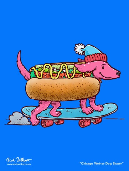 A dachshund in a chicago dog style hot dog costume zooms by on top of a skateboard!