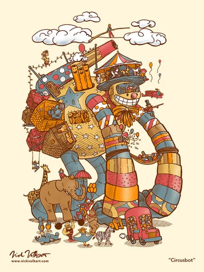 A large robot surrounded by circus performers, clouds, balloons, animals, and clowns