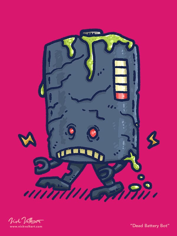 Dead Battery Bot | Nick Volkert A dead battery leaking acid walks to infect other batteries.