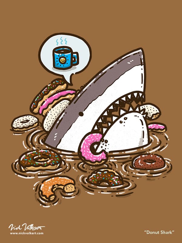 A shark peeks out of the water covered in donuts looking for some hot coffee.