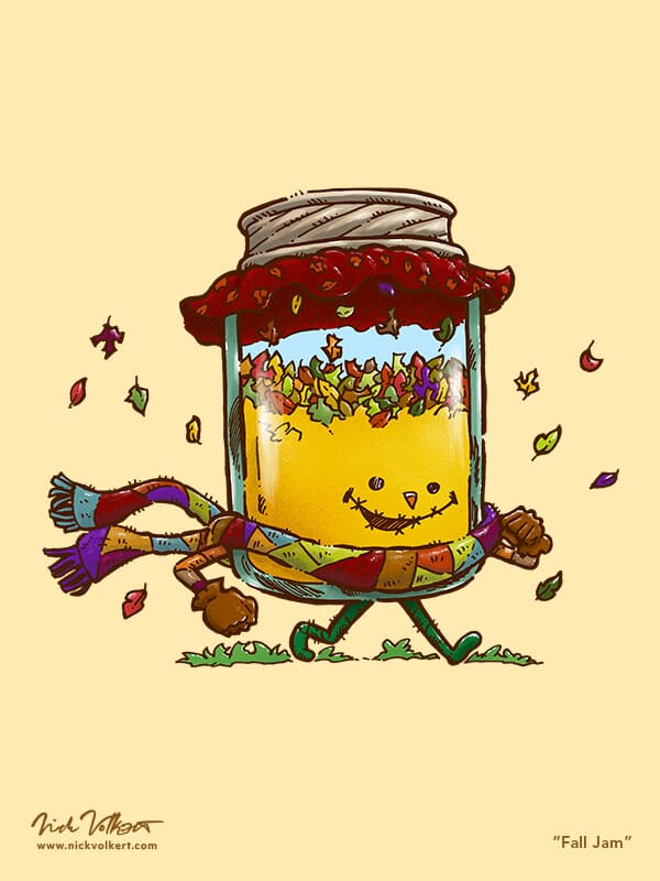 A jar dressed as a scarecrow carries around a bunch of fallen leaves.