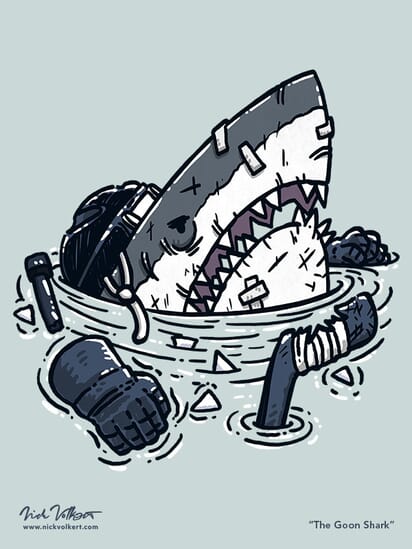 A shark is beat up and missing teeth after a hockey game.