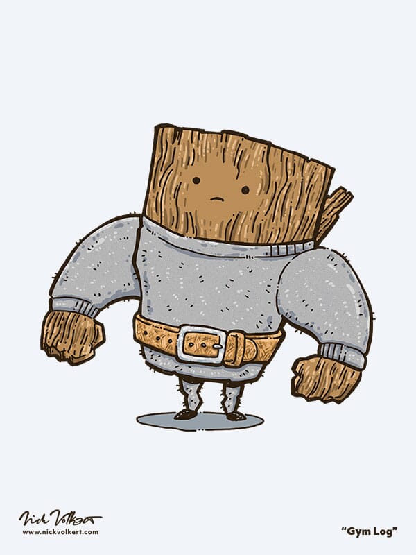 A somewhat awkward log poses in his sweat pants and crewneck while wearing a very lived in weight belt.