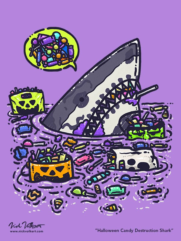 A shark peeks out of the water wearing facepaint as a skull, surrounded by scores of Halloween candy.