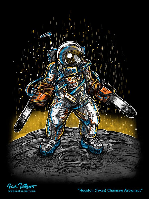 An astronaut in space wielding chainsaws for hands standing on the surface of the moon.