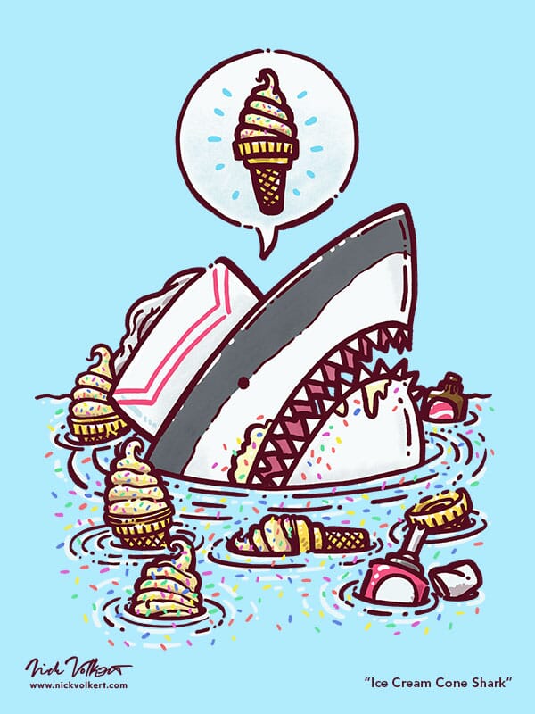 A shark peaks out of the water dressed as an ice cream man, surrounded by an assortment of ice cream cones in the water and sprinkles.