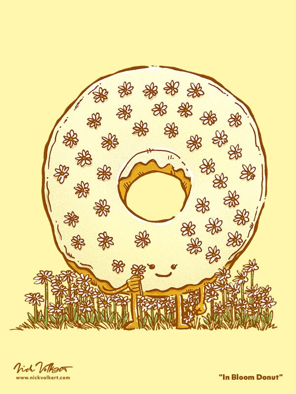 A yellow iced donut with sugary flower for decorations in Spring with a little daisy in it's hands!
