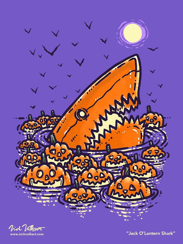 A sharks that has become a jack o'lantern peeks out of the water surrounded by a small group of pumpkins with jack o'lantern faces carved in them and lit up!