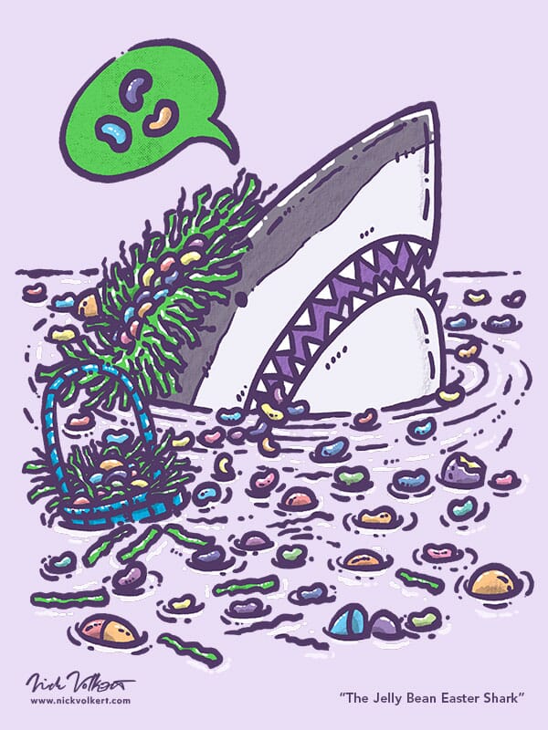 A shark peeks out of the water wearing basket grass from an Easter basket and is surrounded by jelly beans.
