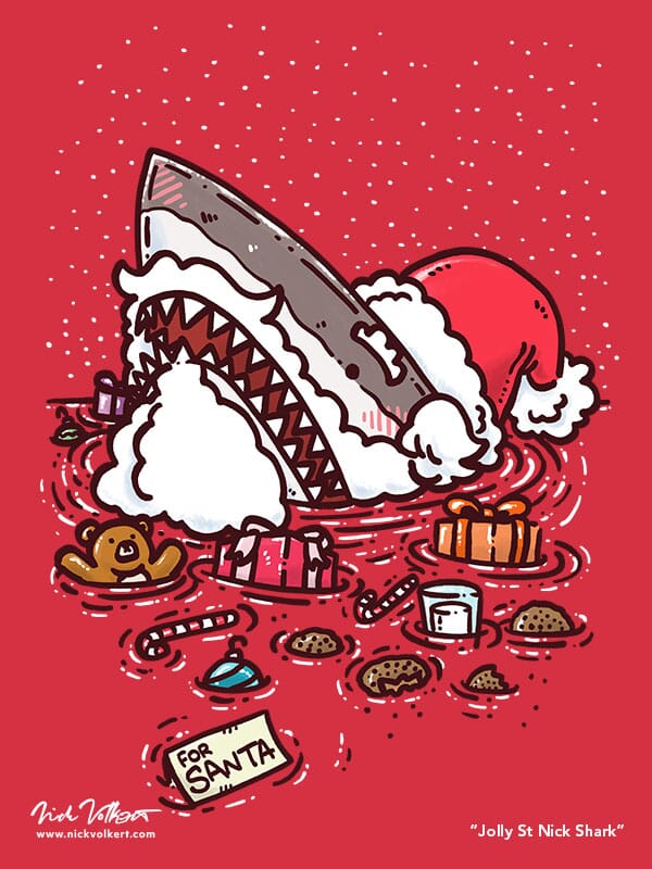 A shark peeks out of the water, surrounded by an assortment of cookies and gifts, dressed as Jolly St Nick!