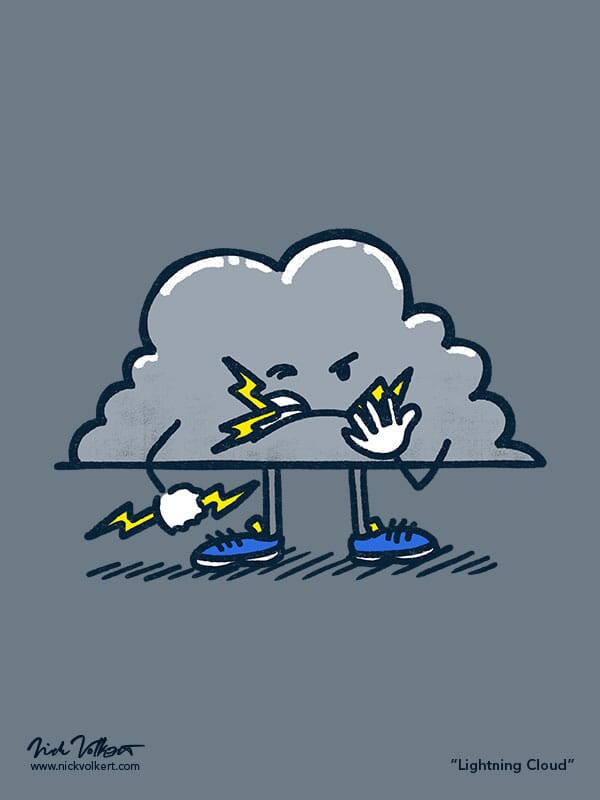 A gray storm cloud chews on lighning bolts.