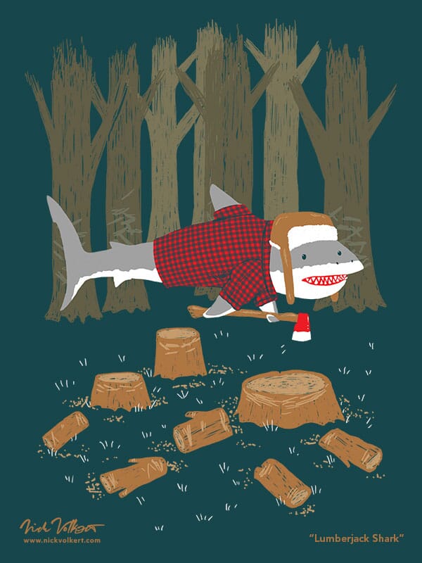 A shark dressed as a lumberjack with a warm hat and axe strikes a pose in a woodland setting.
