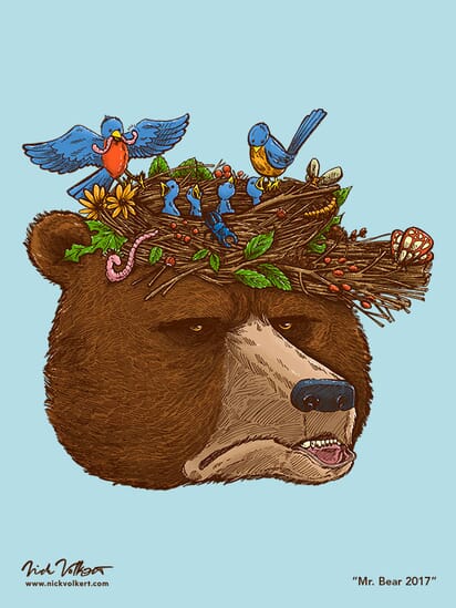 A bear is annoyed while wearing a hat that is also a bird's nest.