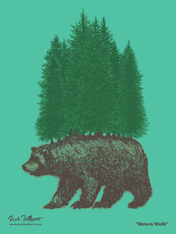 Nature Walk | Nick Volkert A grizzly bear with a pine foreset on its back walking.